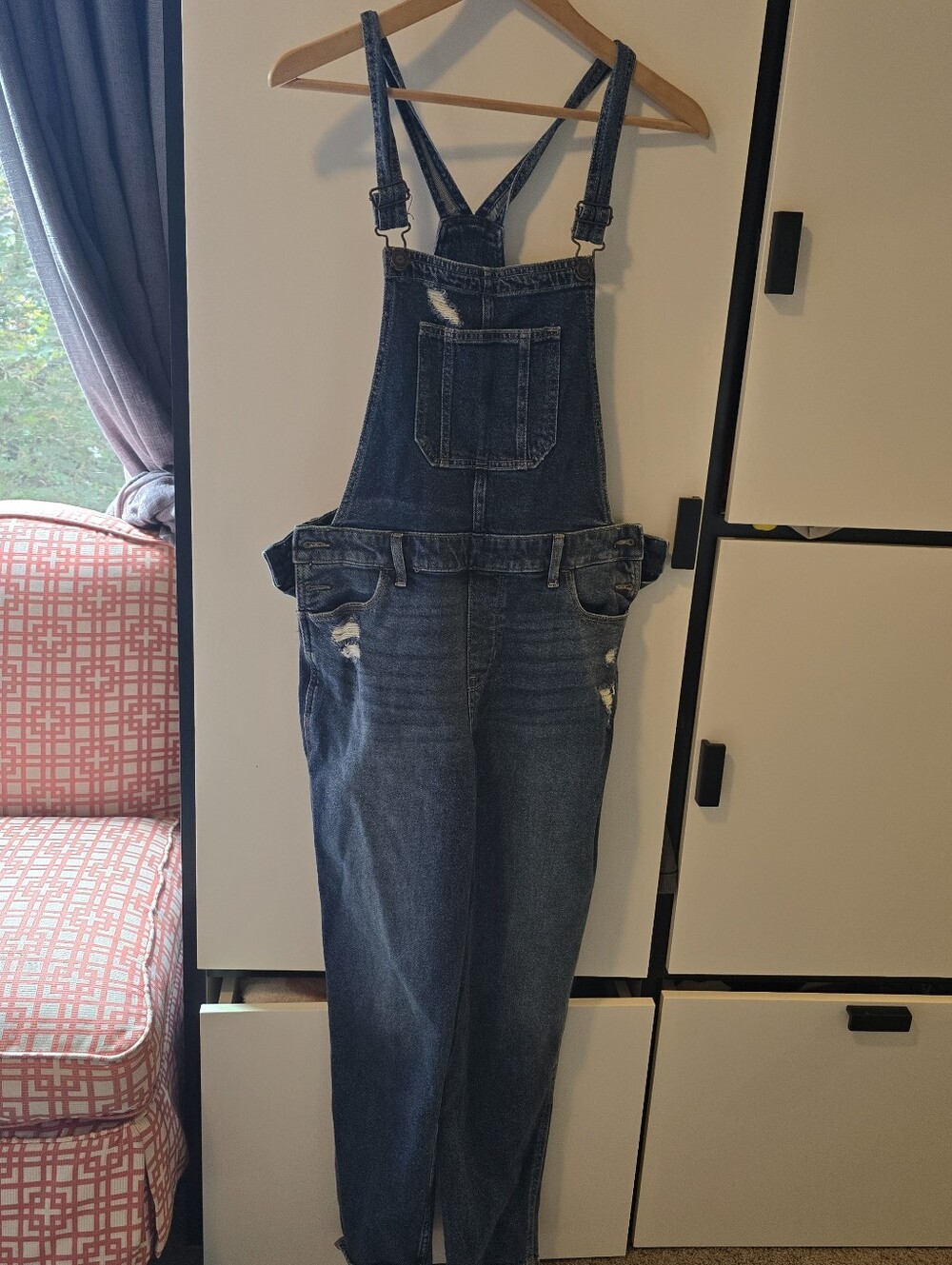 Hollister Blue Denim Overalls with Brown Leather Patch